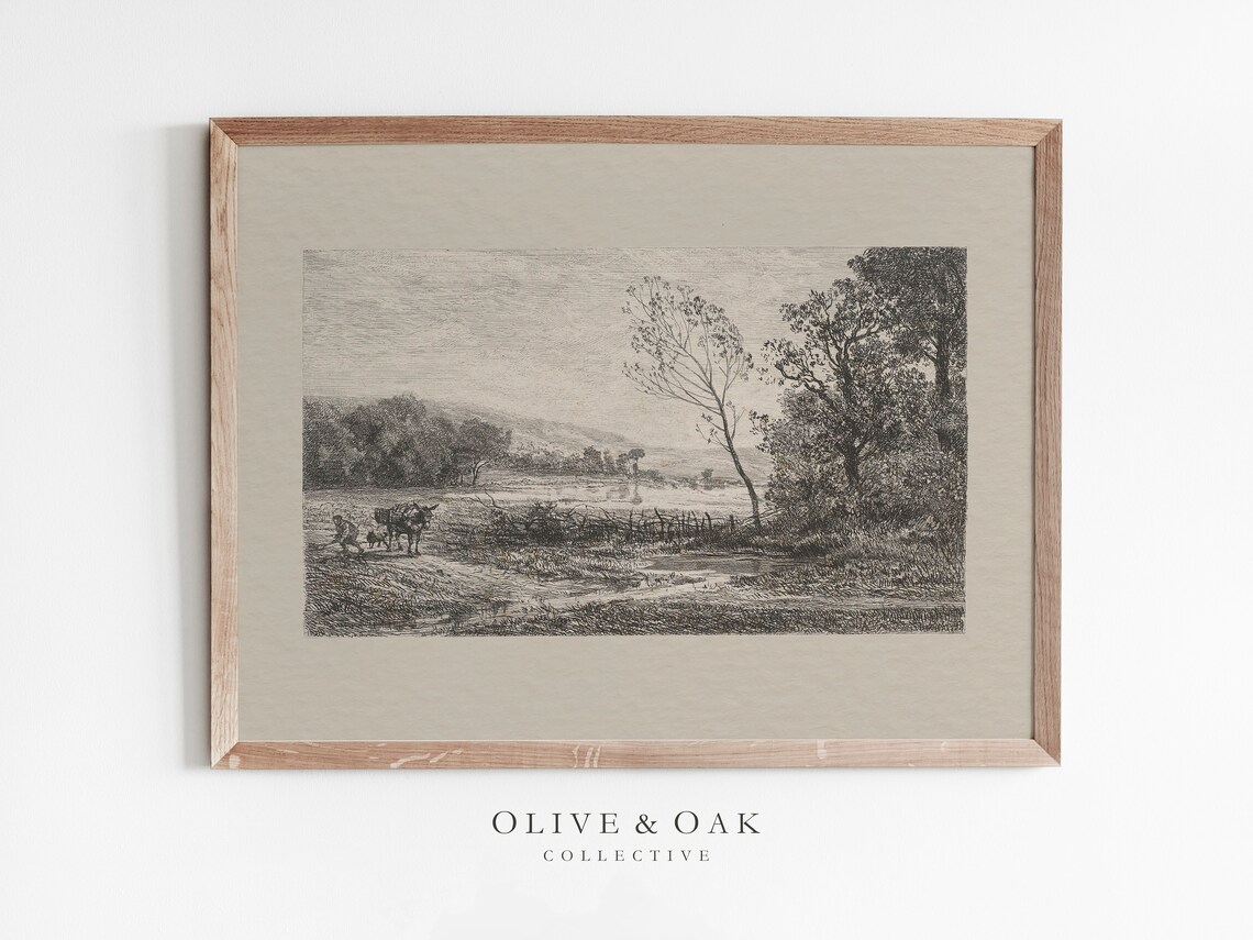 Neutral Landscape Sketch Vintage Farmhouse Decor Art Print