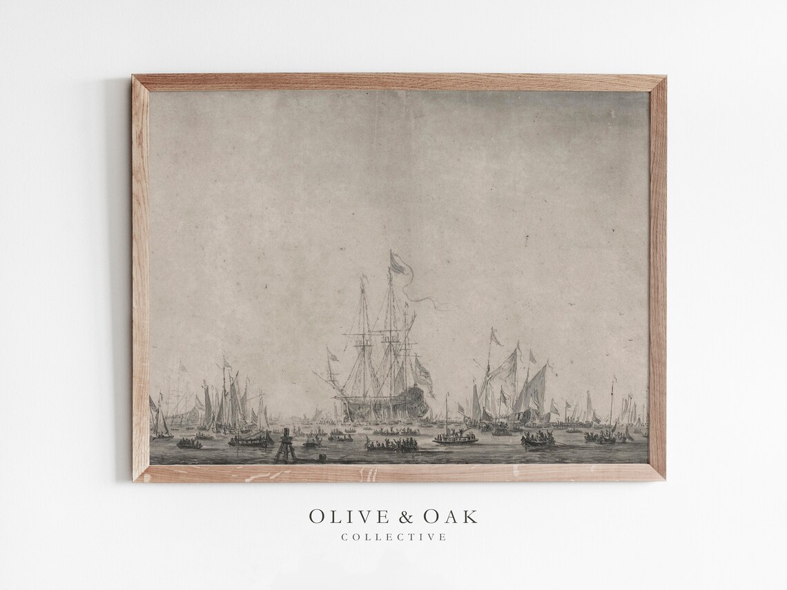 Harbor Sketch Vintage Boat Drawing, Art Print