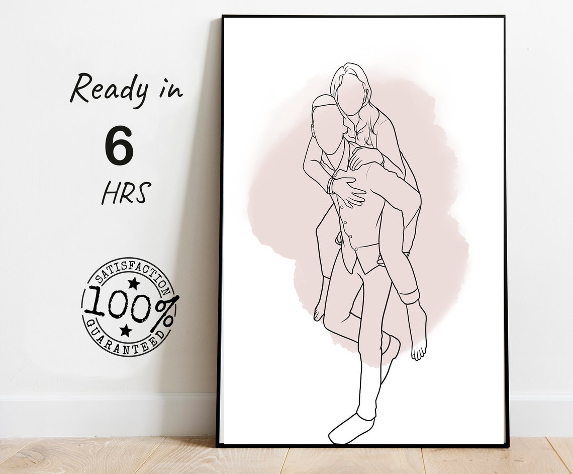 Faceless Couple In Playful Piggyback Pose Line Art Portrait Poster