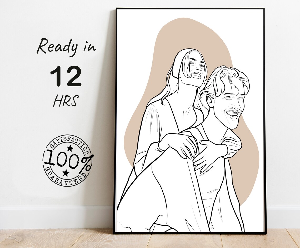 Custom Line Drawing of a Laughing Couple Warm Embrace Poster