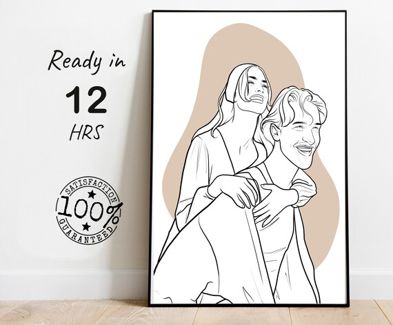 Custom Line Drawing of a Laughing Couple Warm Embrace Poster