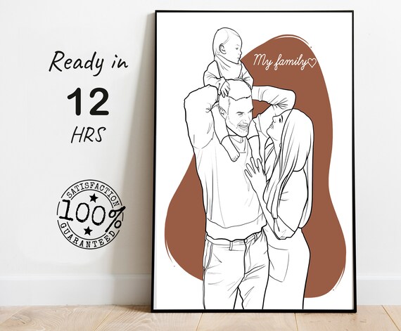 Family of Three Line Art Portrait My Family Quote Terracotta Poster
