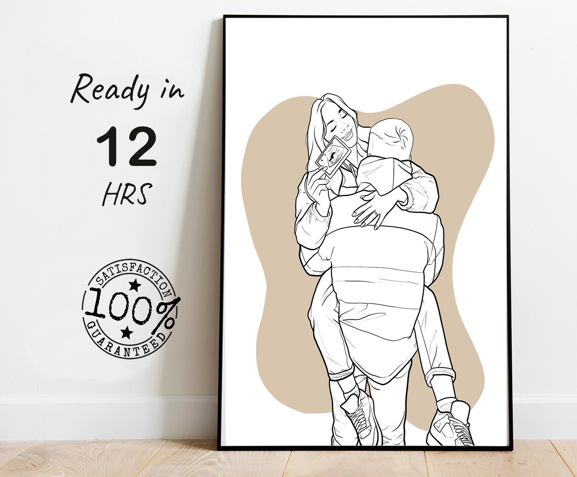 Couple Pregnancy Line Art Portrait Ultrasound Photo Beige Wash Poster