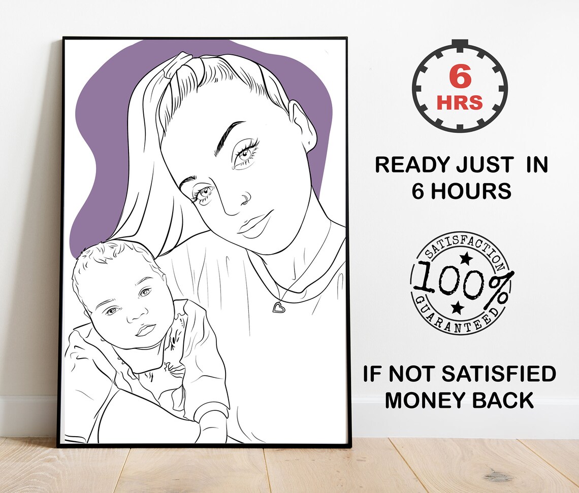 Custom Line Drawing of a Mom With Her Baby Selfie Pose Poster