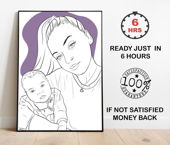 Custom Line Drawing of a Mom With Her Baby Selfie Pose Poster
