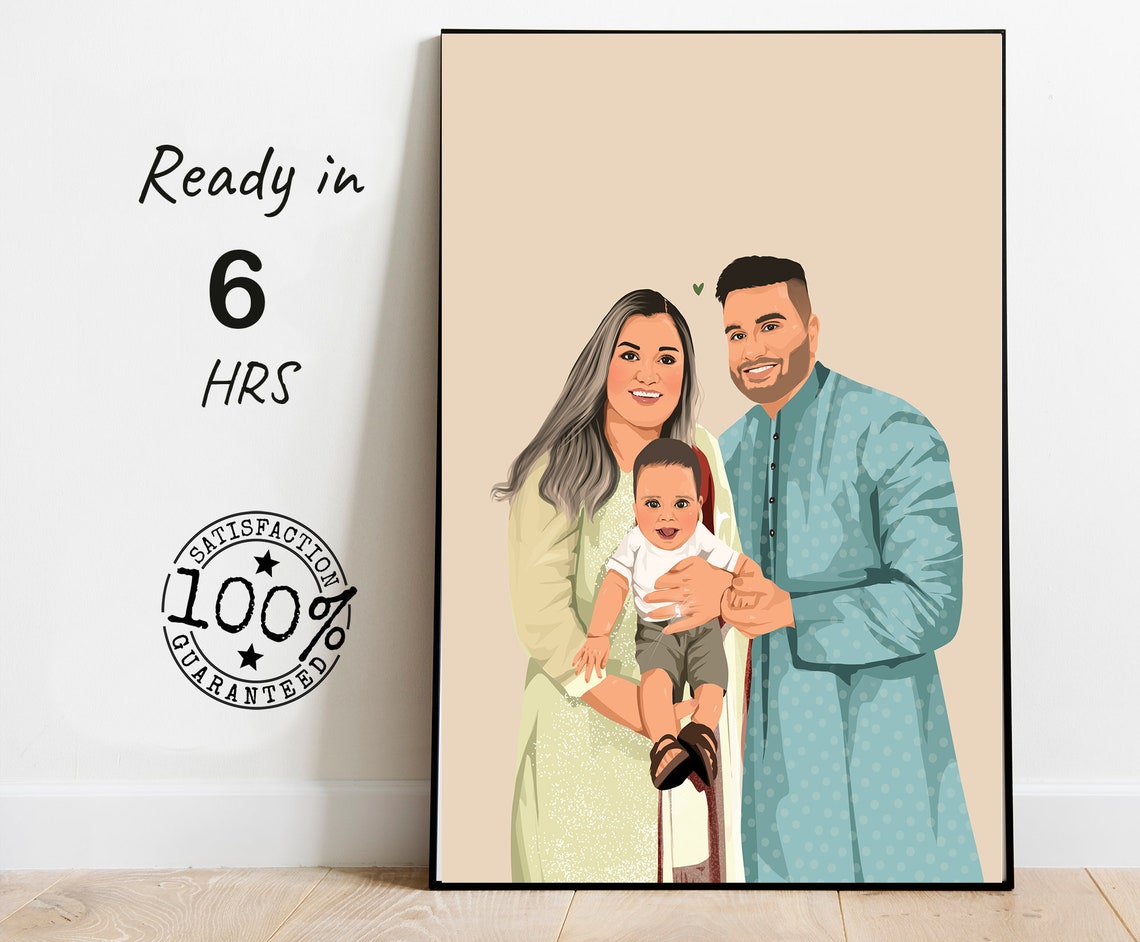 Custom Family Vector Portrait in Traditional Style Outfits Poster
