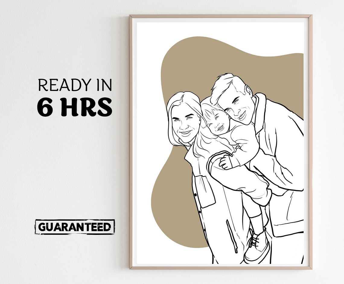 Faceless Family Of Three Line Art Portrait In Olive Wash Poster