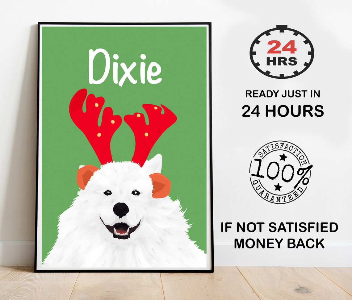 Personalized Christmas Dog Portrait With Reindeer Antlers Poster