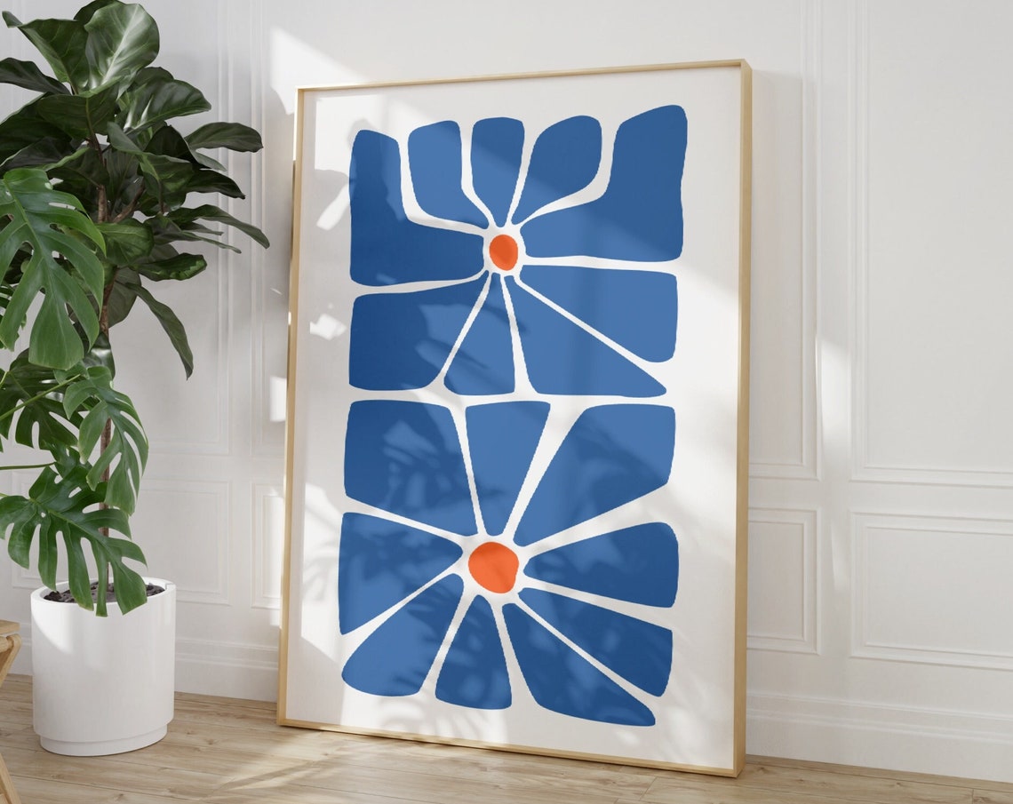 Blue Orange Abstract Flowers Retro Boho Botanical Modern Poster - Image 3