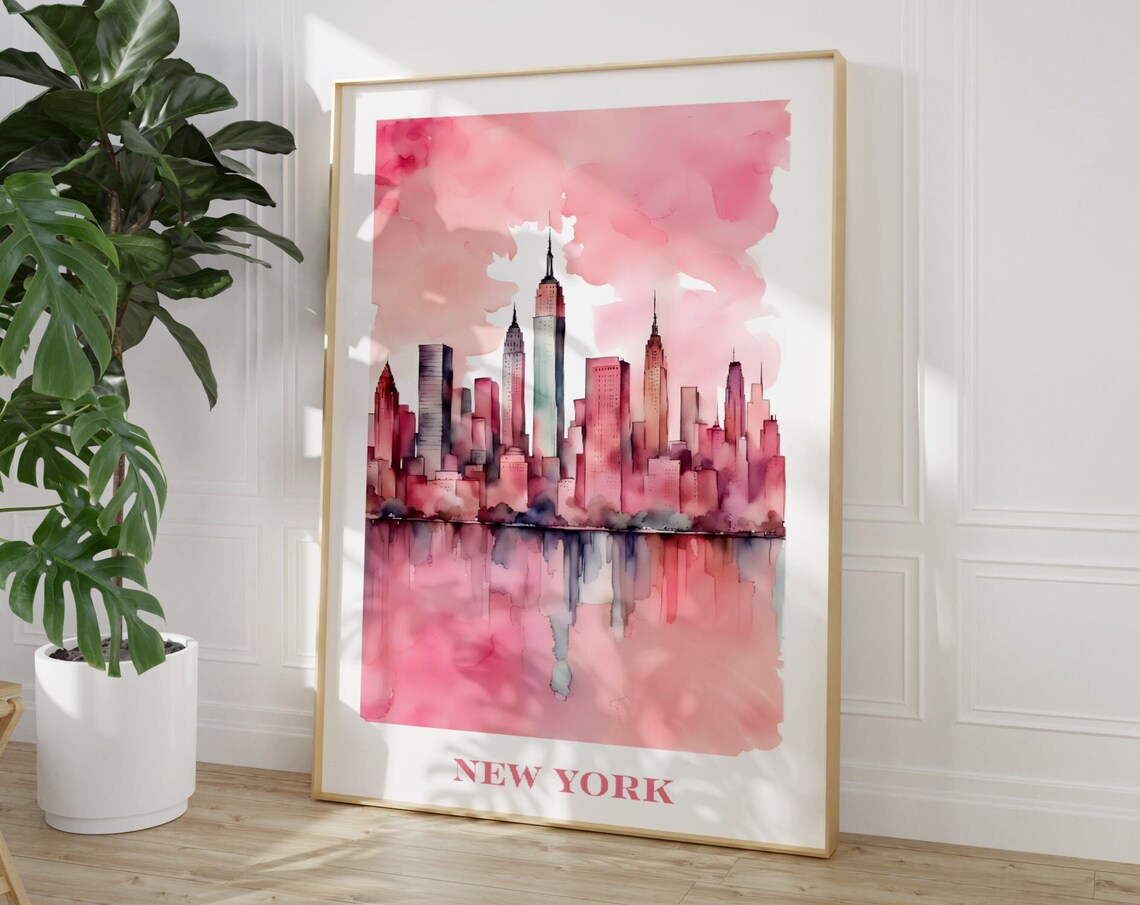 New York City Pink Watercolor Poster Skyline Painting Girls Room Decor - Image 4