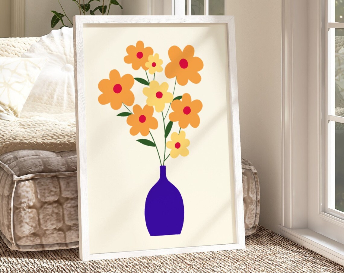 Orange Daisy Bouquet Minimalist Poster Blue Vase Retro Floral Art - Image 3