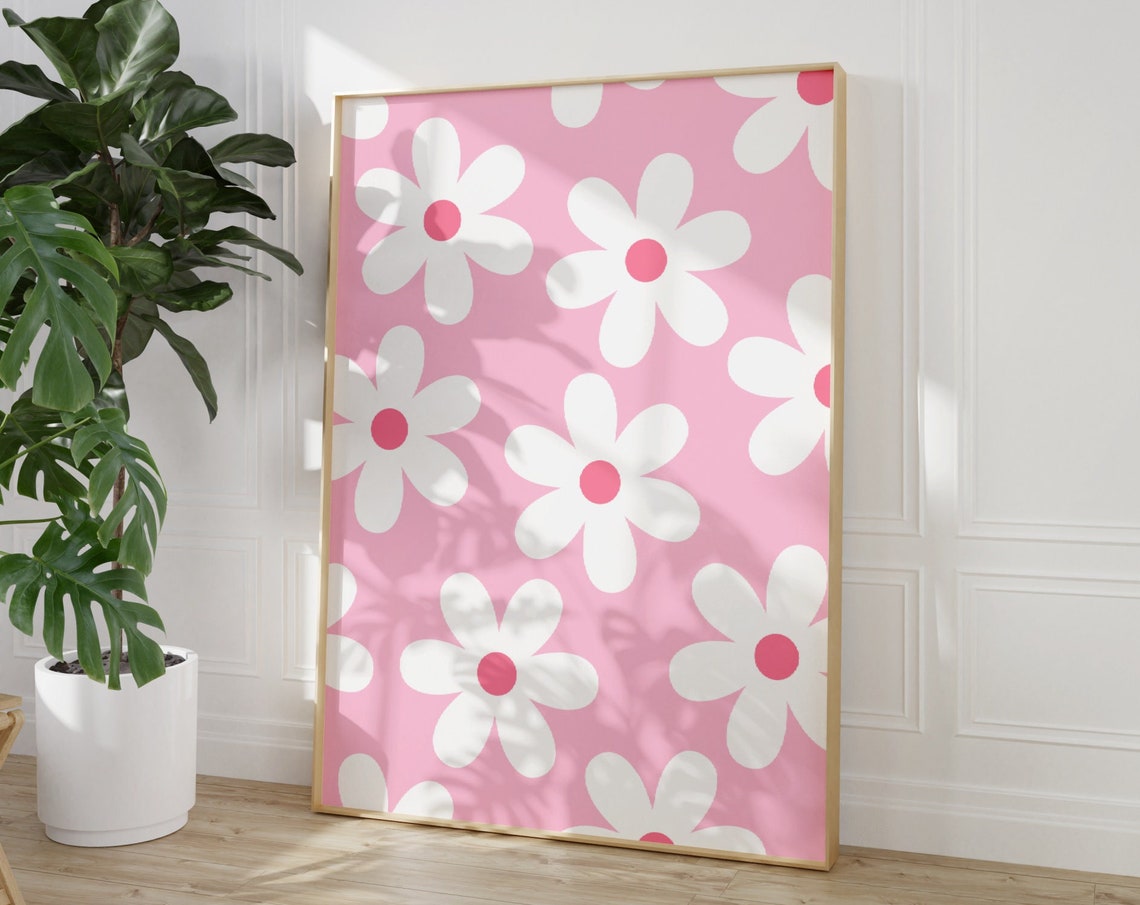 Retro Daisy Pattern White Flowers Pink Background Cute Nursery Poster - Image 3