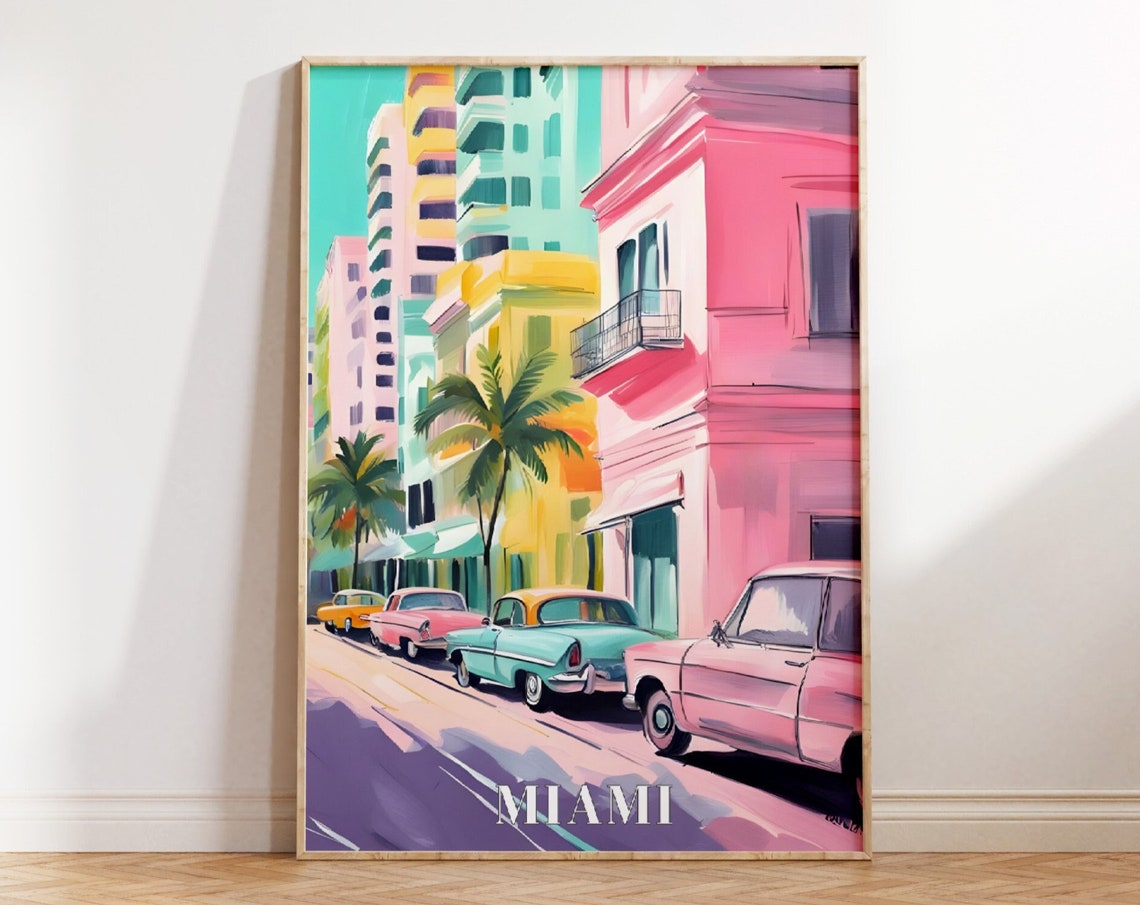 Miami City Travel Print Art Pink Blue Miami Travel Exhibition Print Trendy Wall Print Miami Poster Travel Posters Usa