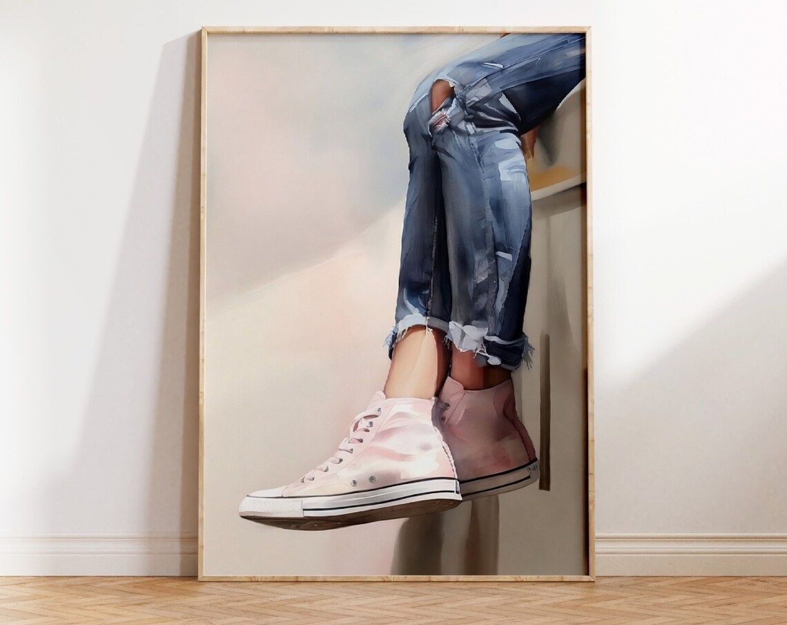 Ripped Jeans Pink High Top Sneakers Legs Oil Painting Style Poster