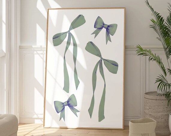 Sage Green Ribbon Bow Watercolor Set Four Bows Minimalist Art Print