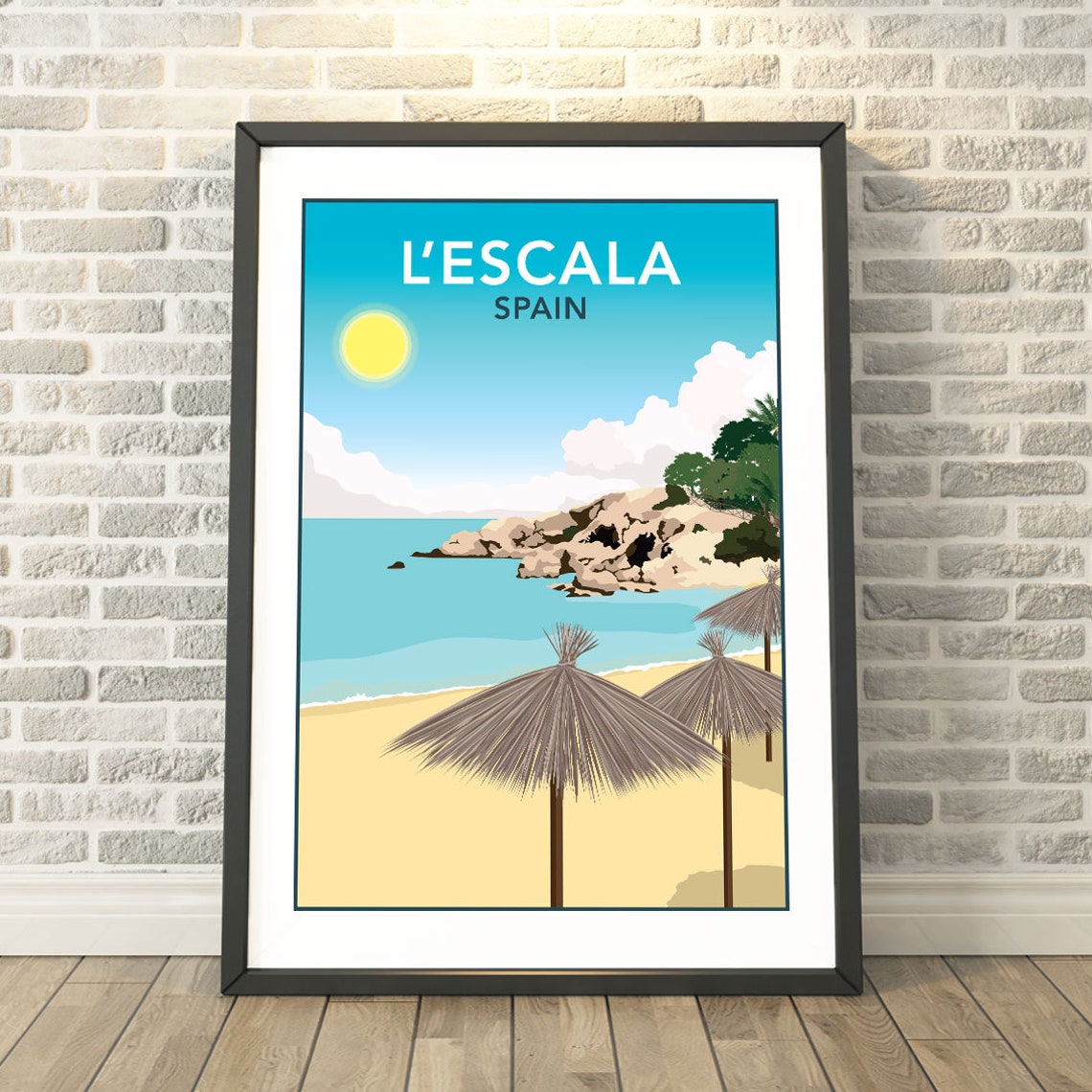 L'Escala Spain Beach Straw Umbrellas Retro Coastal Travel Poster