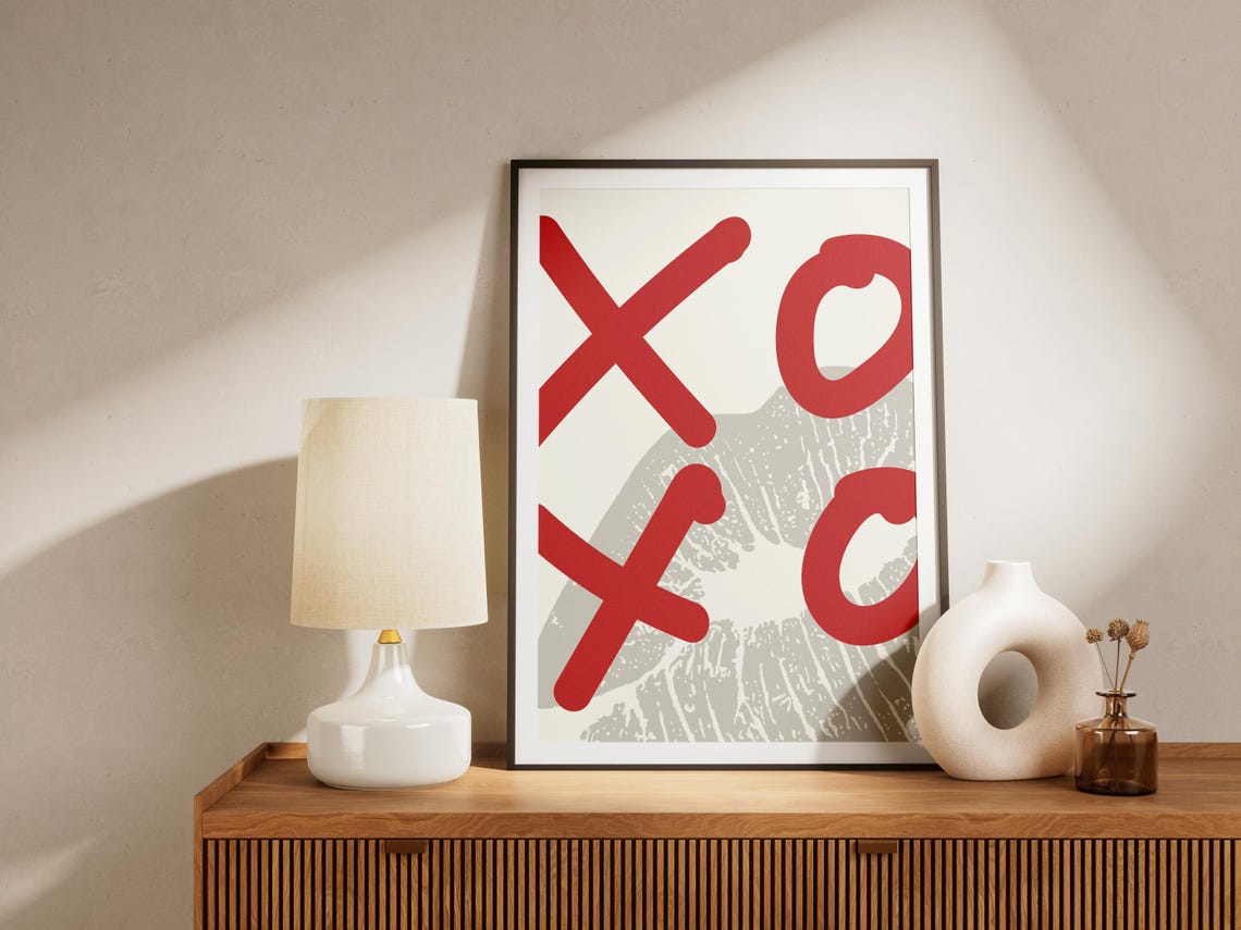 XOXO Red Letters Gray Lipstick Kiss Print Valentines Wall Poster - Image 3