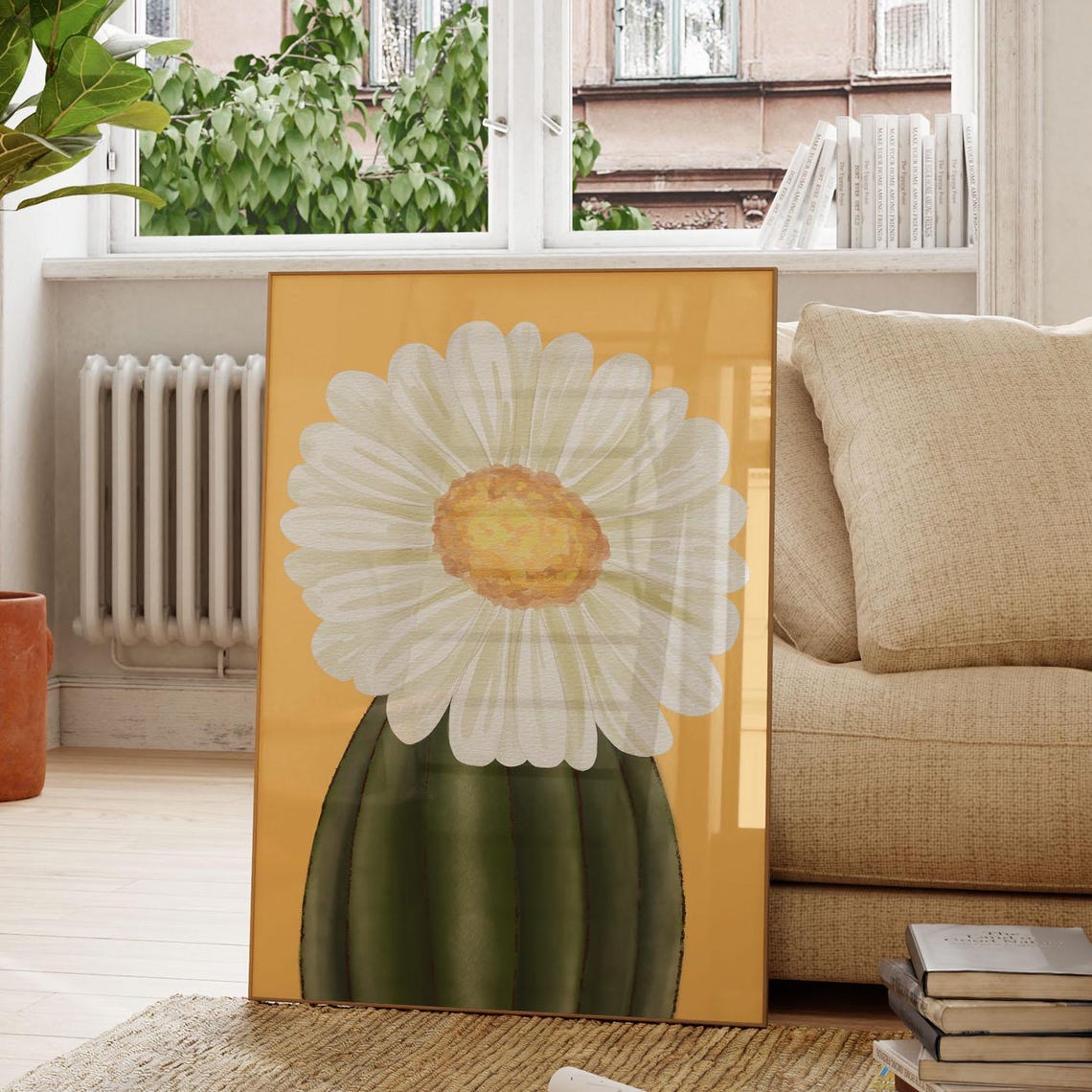 White Daisy Cactus Orange Background Retro Modern Botanical Poster