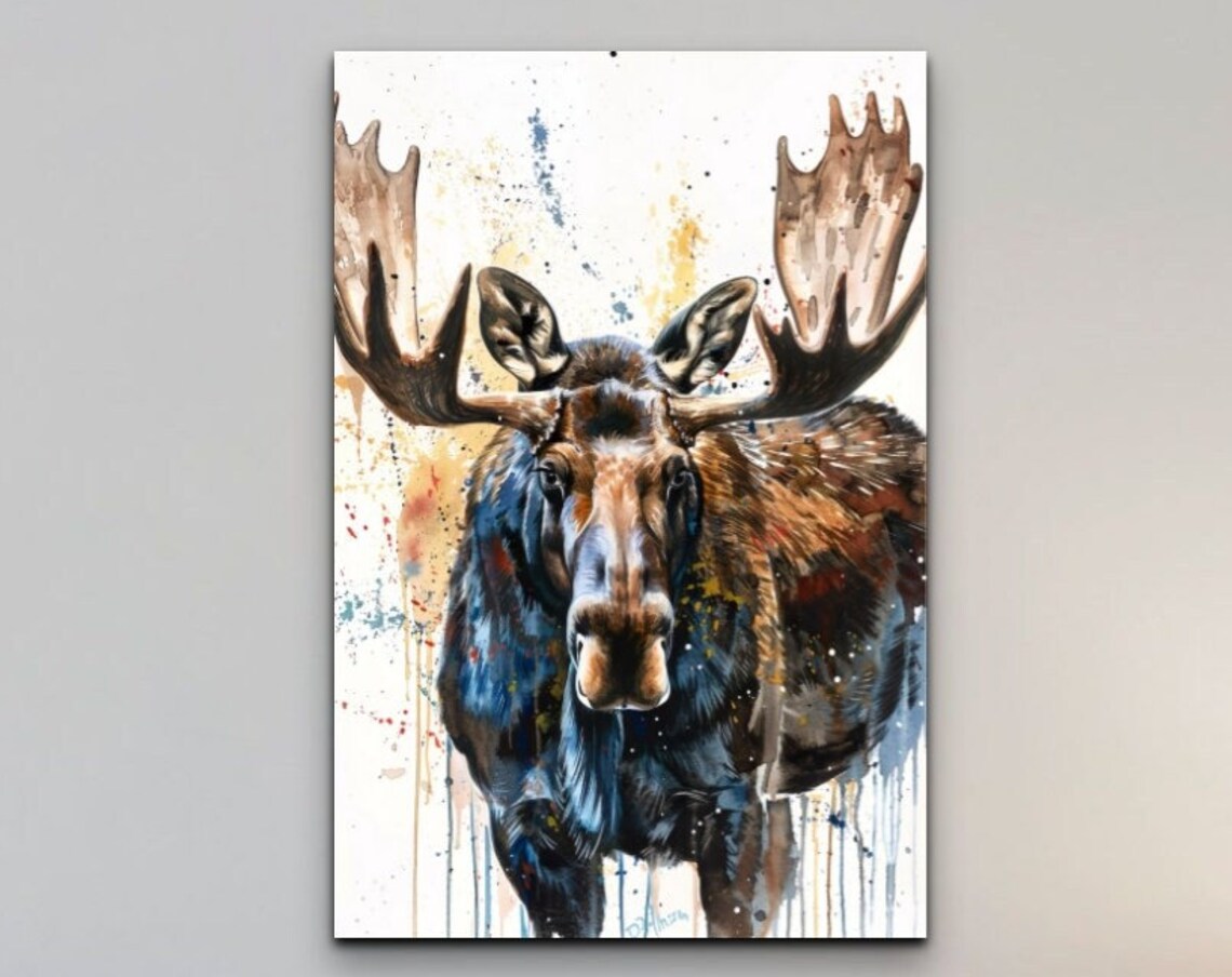 Watercolor Moose Front Portrait With Large Antlers Bold Splatter Print