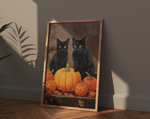 Black Cat Wall Art Halloween Decor Indoor Printables Vintage Posters