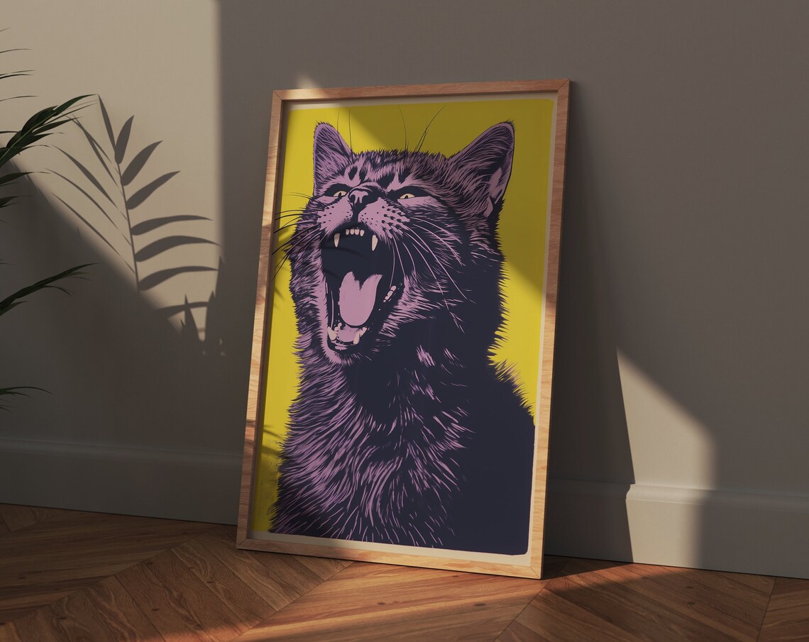 Yellow Wall Art Kitten Cute Illustration, Cat Lover Gift