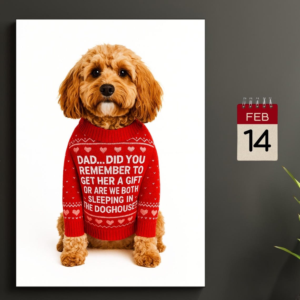 Cavapoo Valentines Day Funny Doghouse Sweater Dog Portrait Poster