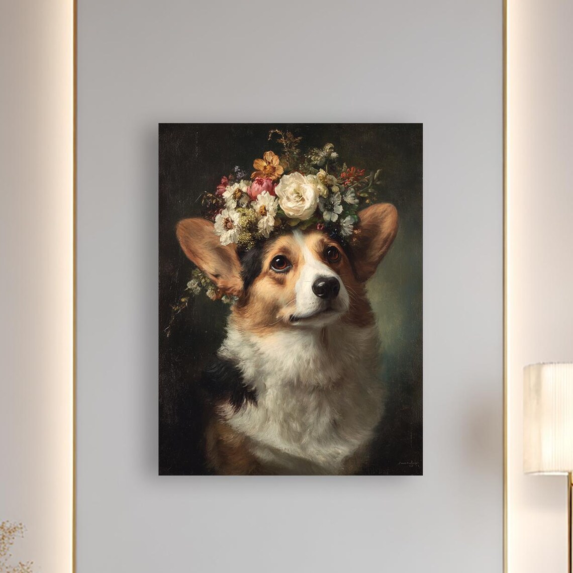 Corgi Dog With Floral Crown Regal Classical Oil Painting Poster