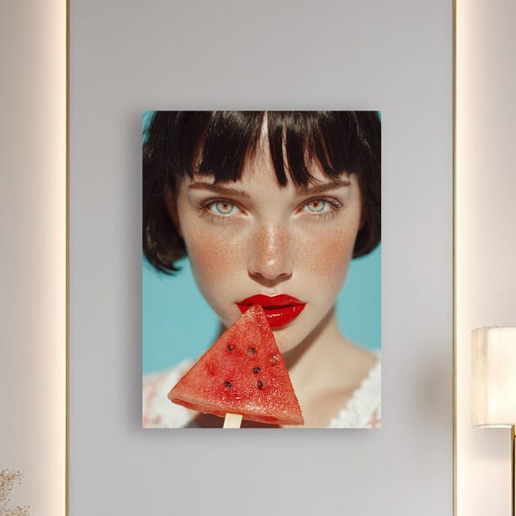 Watermelon Woman Portrait Bold Summer Canvas Wall Art Modern Pop Home Decor