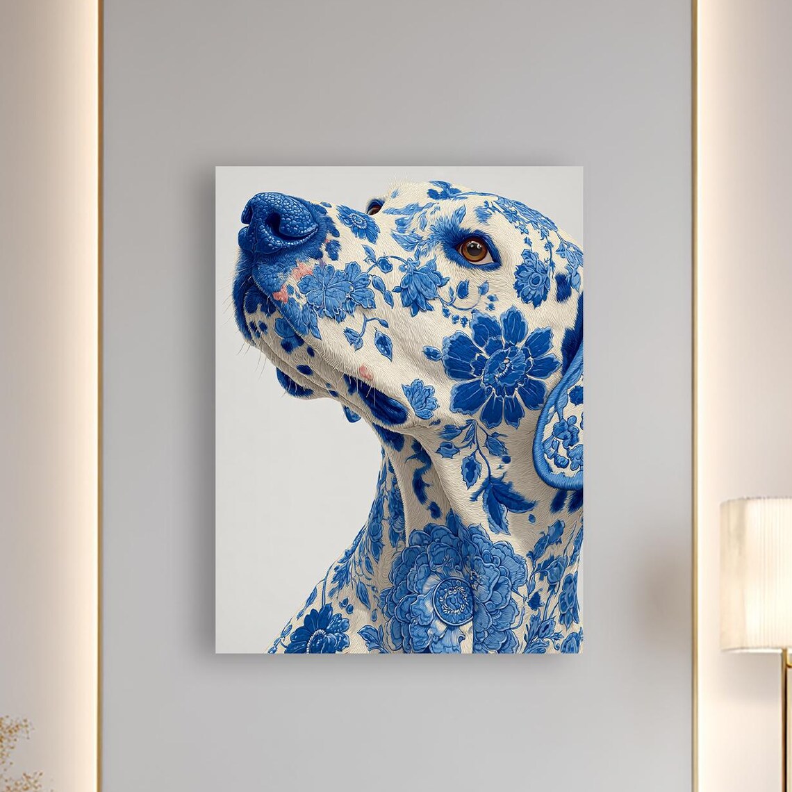 Blue Floral Dog Portrait Art Print, Elegant Pet