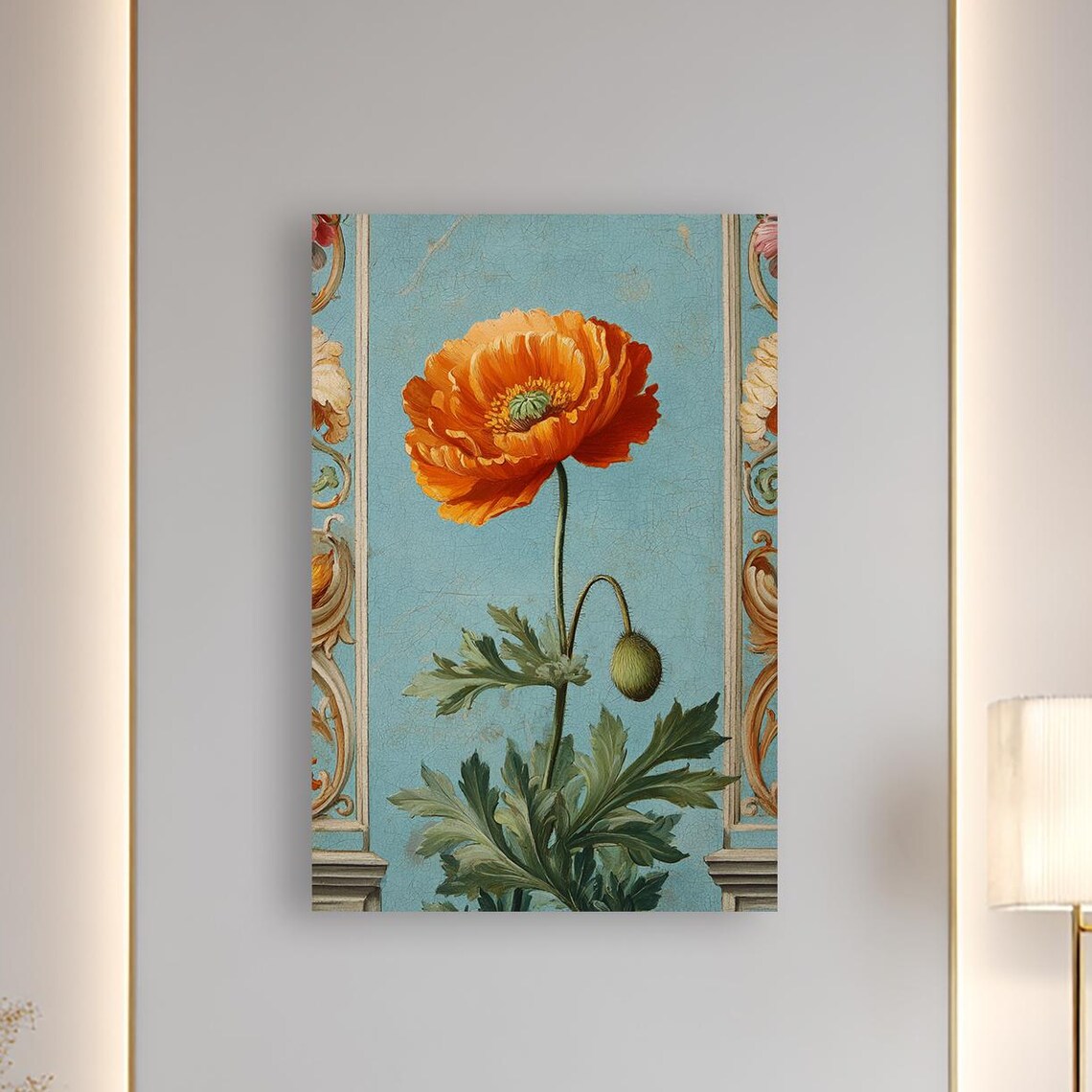 Vintage Orange Poppy Detailed Botanical Flower Illustration Poster