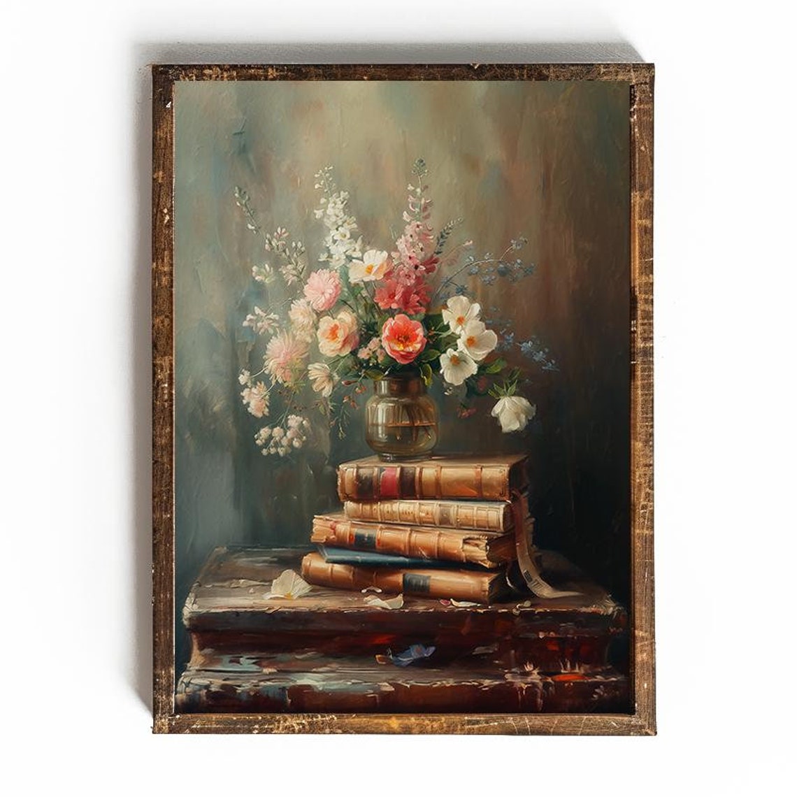 Wildflower Bouquet On Stack Of Old Books Vintage Still Life Poster