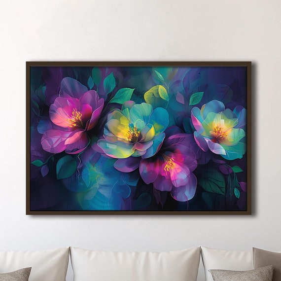Floral Wall Art Bold Bright Colors Purple Pink Teal And Yellow Flowers Bedroom Wall Art Office Wall Decor Girls Room She Shed Deco