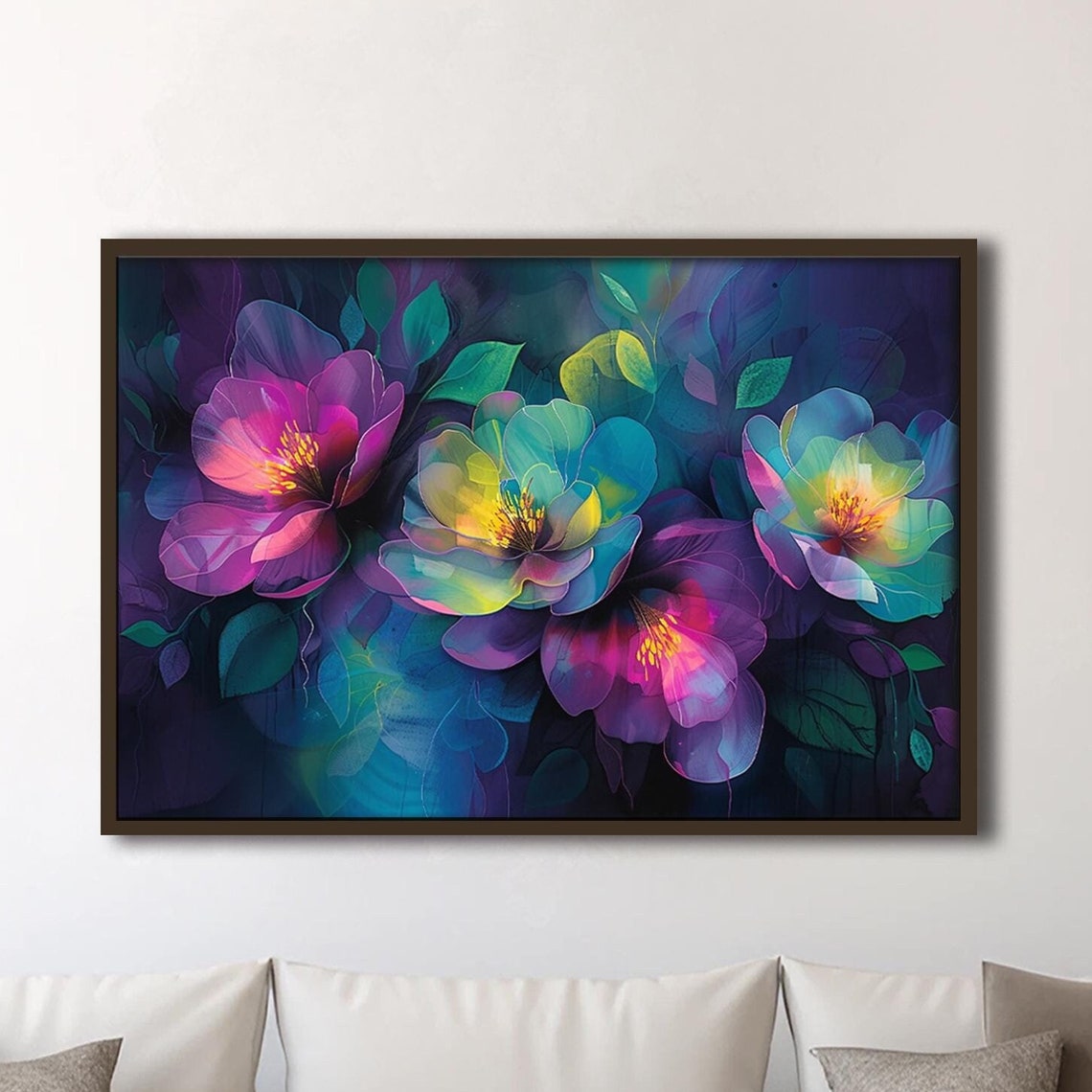Luminous Purple Pink Teal Glowing Flowers Dark Floral Art Poster
