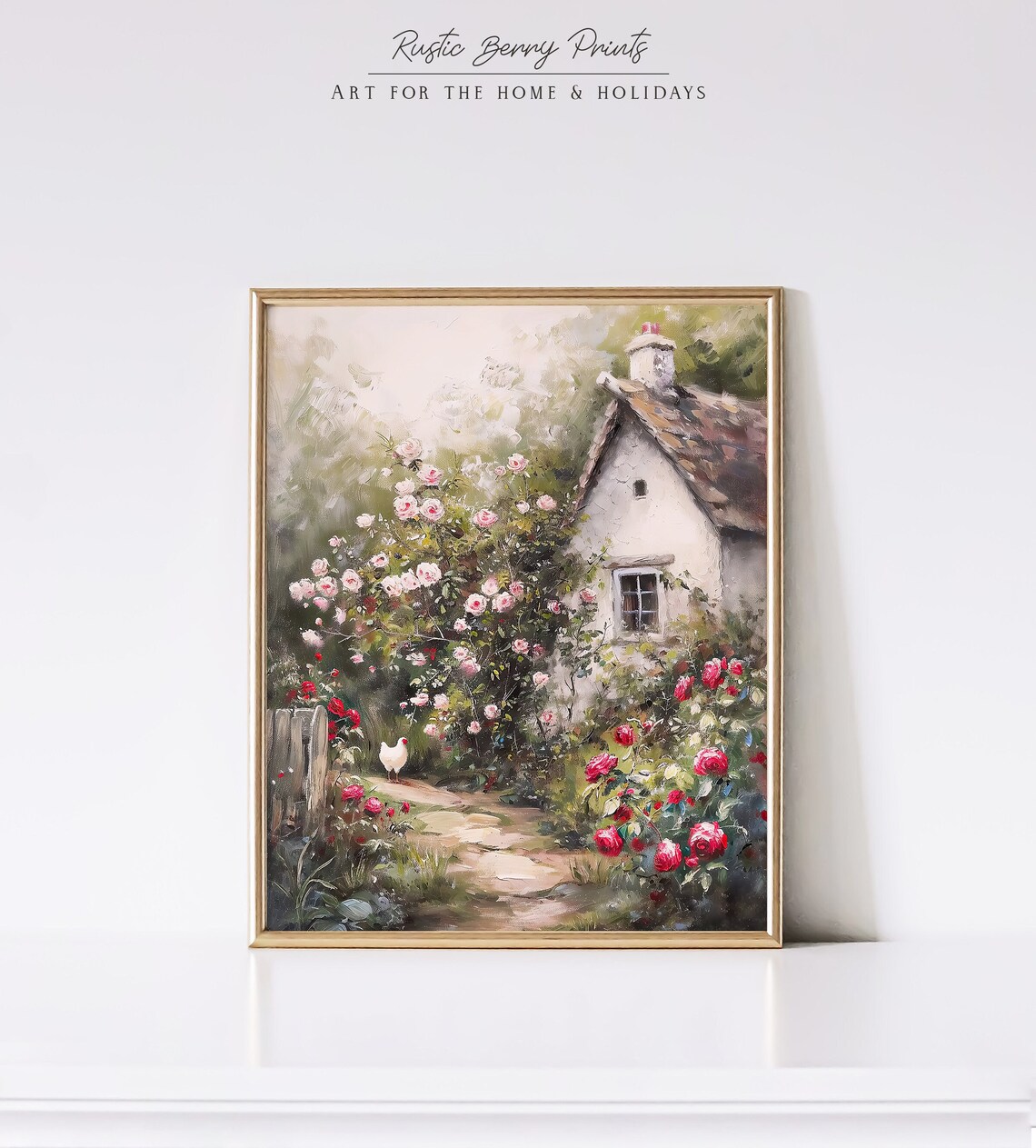 White Cottage With Pink Rose Garden And Hen Country Oil Painting Print