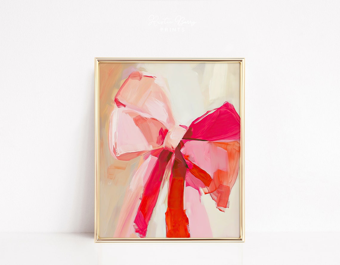 Hot Pink Bow Abstract Coquette Painting Trendy Dorm Room Wall Poster
