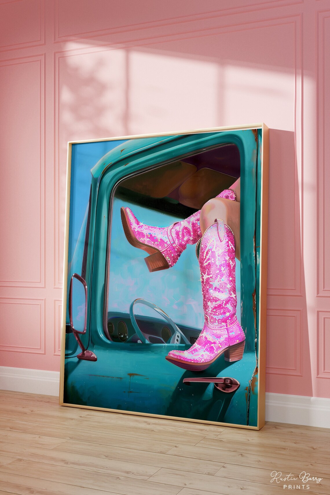 Pink Cowgirl Boots Retro Truck Window Western Country Glam Art Poster