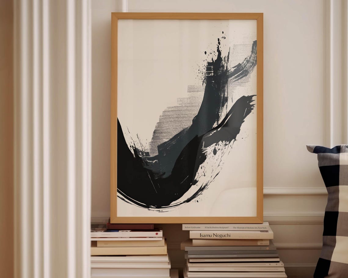 Black and White Japanese Ink Brush Wave Abstract Cream Canvas Poster - Image 2