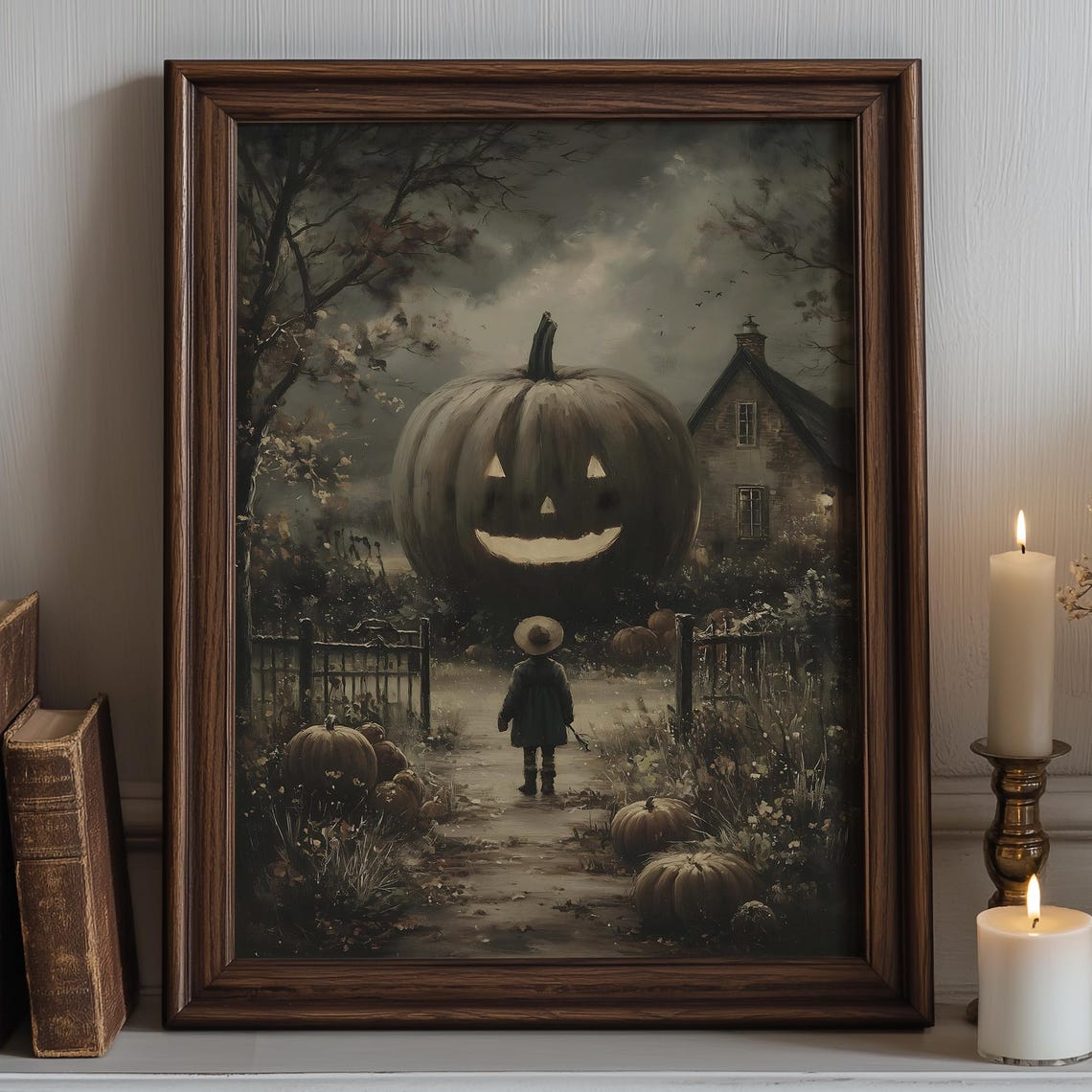 Vintage Halloween Wall Art Giant Jackolantern Pumpkin Whimsical Fall Scene Spooky Autumn Decor For Kids Room