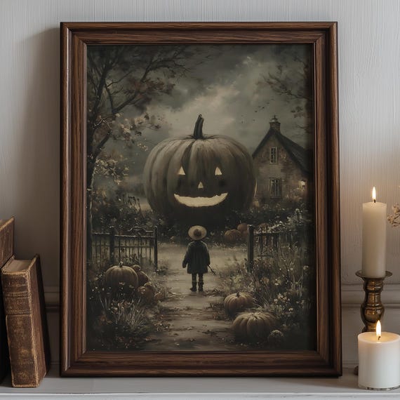 Vintage Halloween Wall Art Giant Jackolantern Pumpkin Whimsical Fall Scene Spooky Autumn Decor For Kids Room