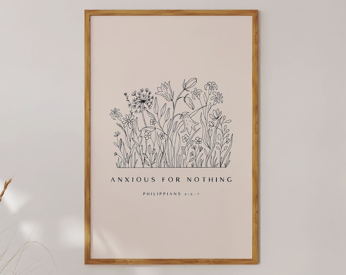 Anxious for Nothing Philippians 4 Wildflower Line Art Christian Poster