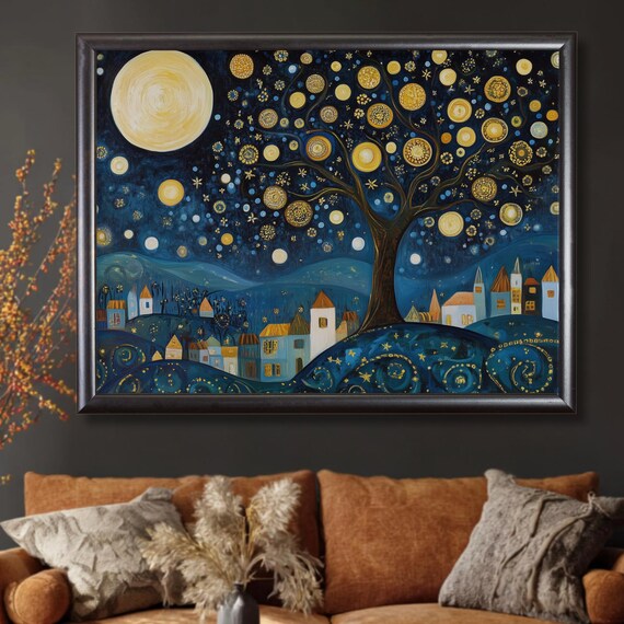 Klimtinspired Tree Of Life Print Fantasy Village Landscape Bohemian Wall Art Celestial Decor For Bedroom Or Nursery