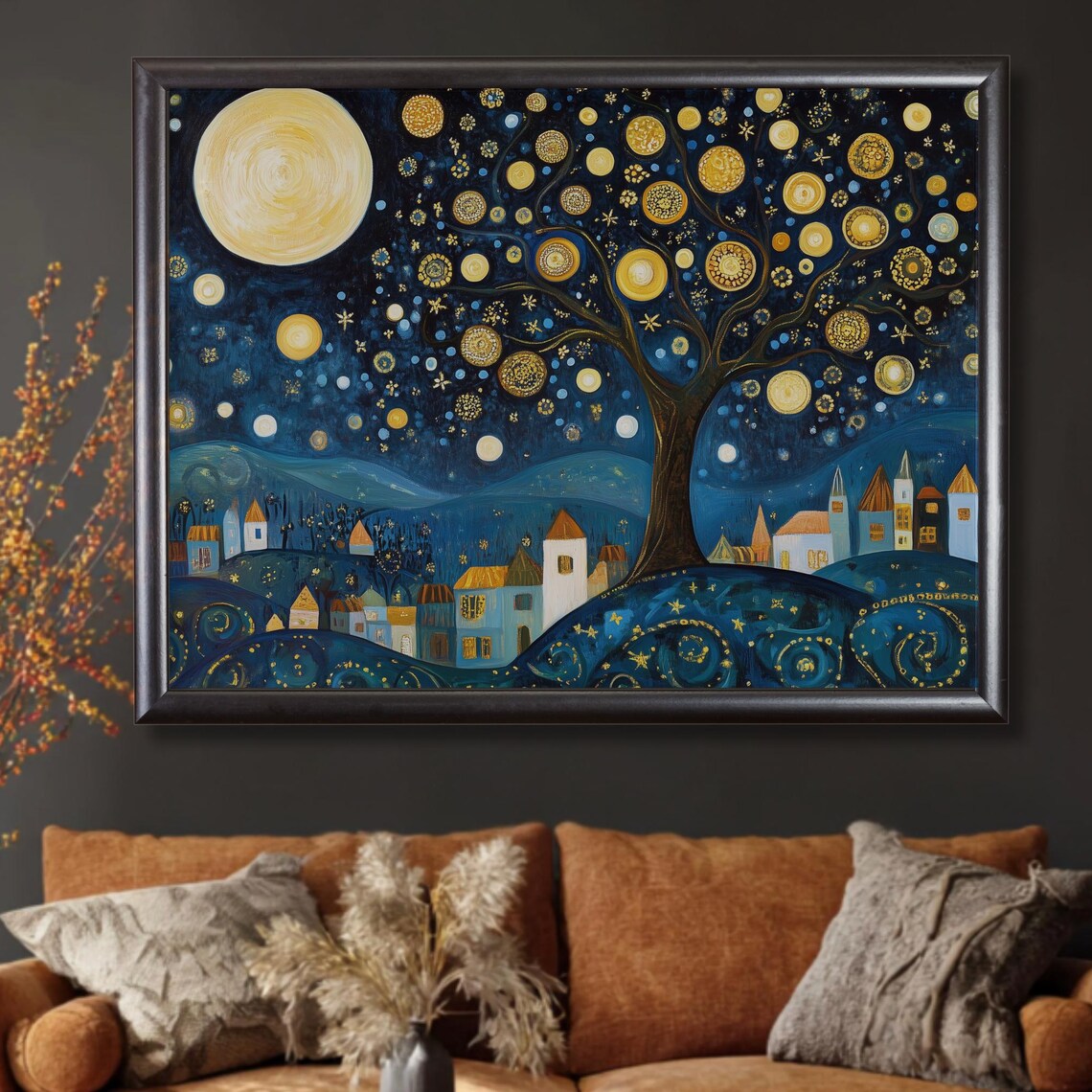 Klimt Inspired Tree of Life Starry Night Village Golden Fantasy Art Poster