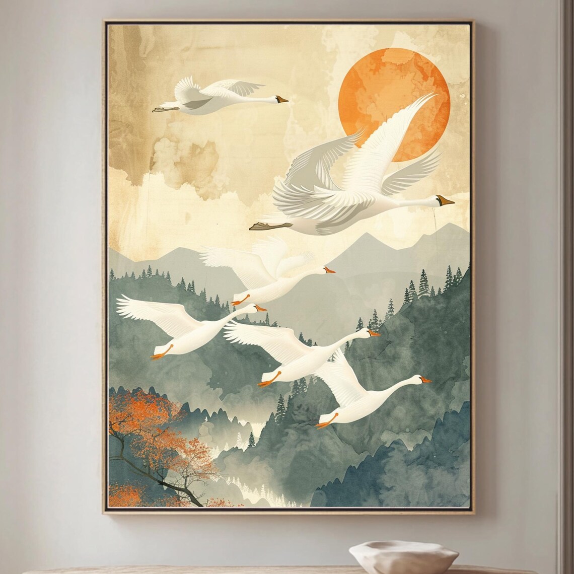 White Swans Flying Misty Mountains Red Sun Japanese Style Poster