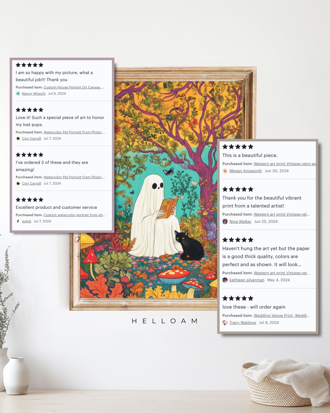 Cute Ghost Reading Book In Colorful Forest With Black Cat Halloween Poster - Image 4