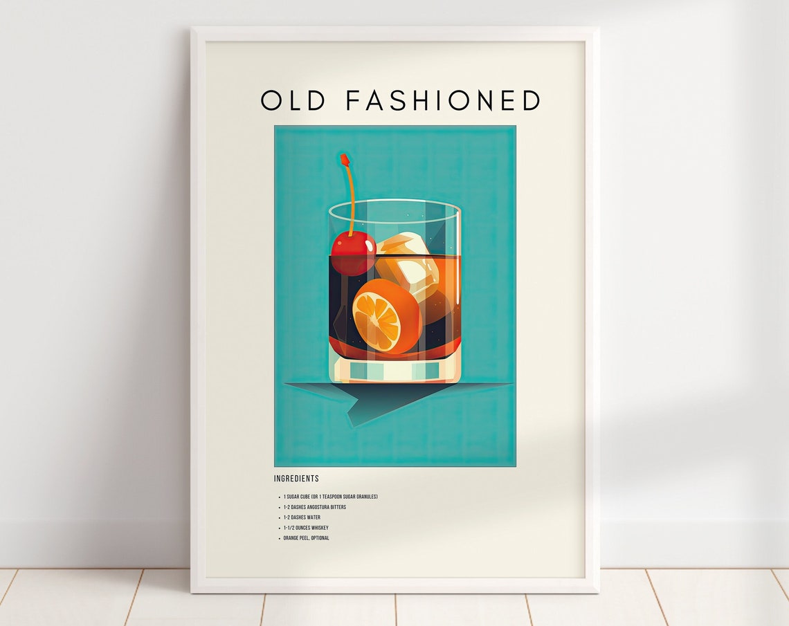 Old Fashioned Classic Cocktail Recipe Retro Teal Bar Decor Poster