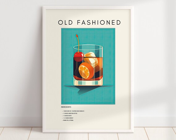 Old Fashioned Classic Cocktail Recipe Retro Teal Bar Decor Poster