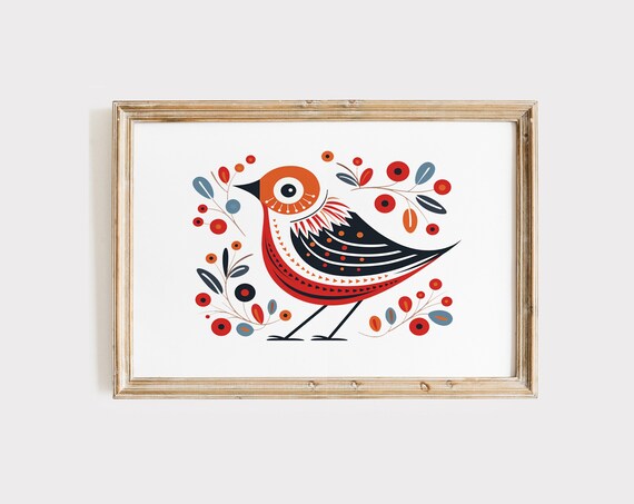 Scandinavian Folk Art Bird with Berries and Leaves Retro Style Poster