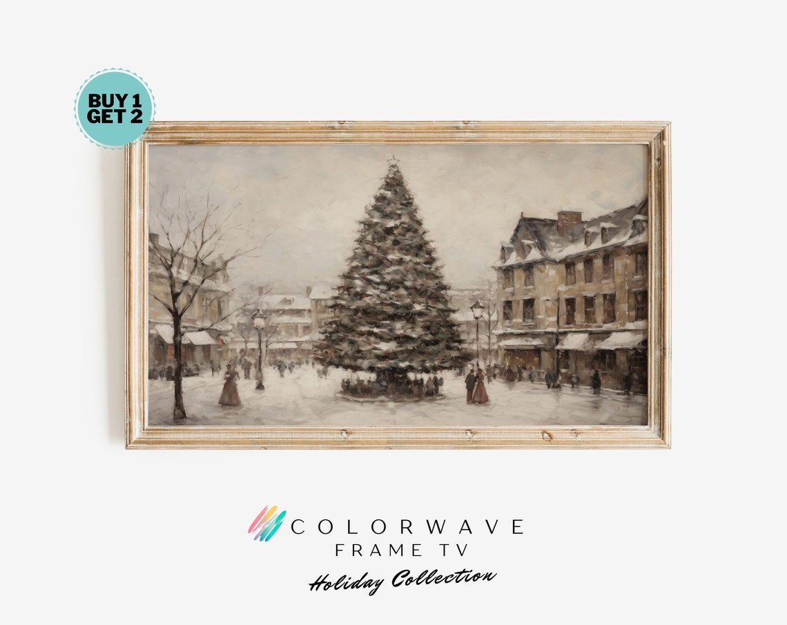 Snowy Town Square Christmas Tree Vintage Holiday Painting Poster