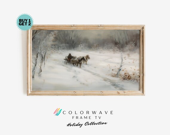 Horse Drawn Sleigh in Snow Vintage Winter Landscape Painting Poster
