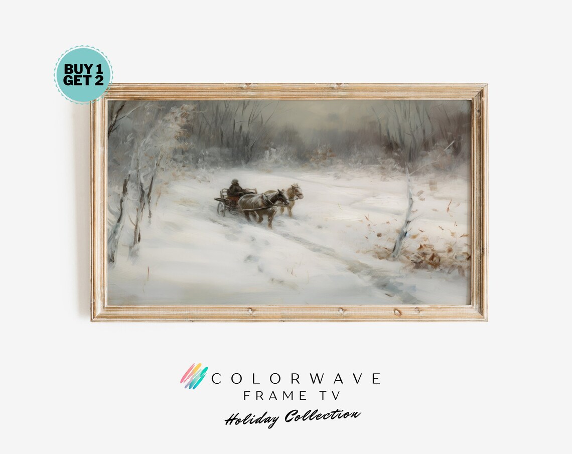 Horse Drawn Sleigh in Snow Vintage Winter Landscape Painting Poster